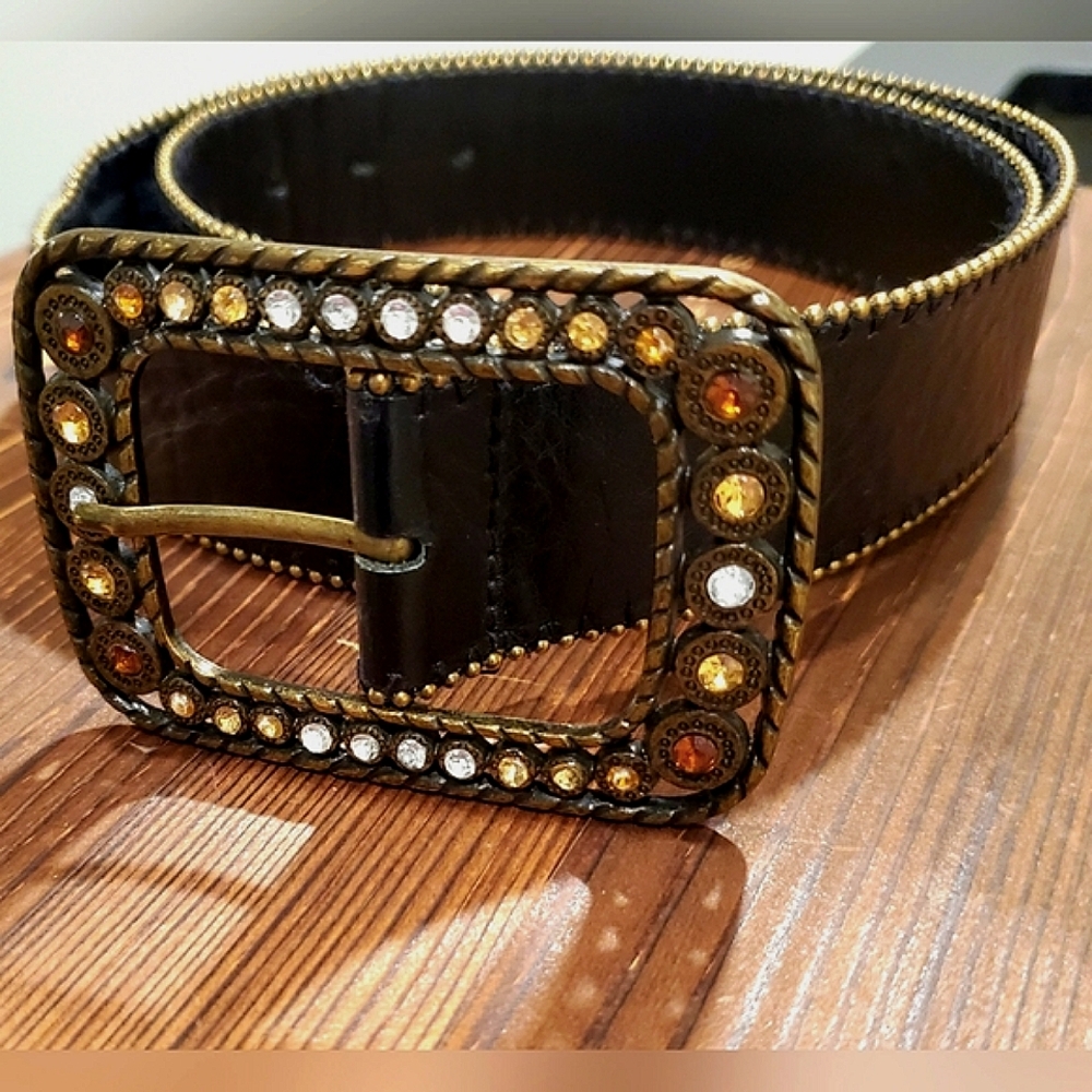 Danier Black GENUINE LEATHER Belt with Gold & Ornate Gems Buckle Sz.Med